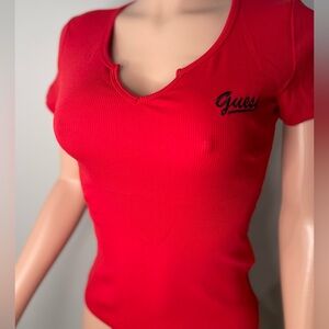 Guess Jara Rib Notch Top- Rugby Red